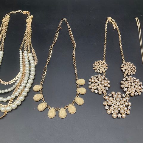 Faux Pearl & Gold Tone Statement Jewelry Lot of 9 Multi-Strand Charm Necklaces