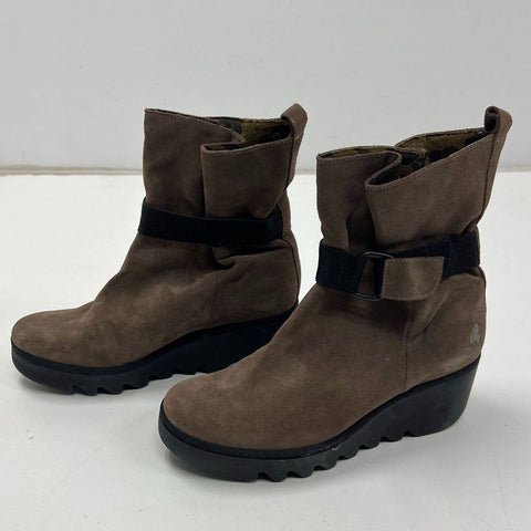 Fly London Yama Brown Suede Wedge Heel Ankle Boots Size 41