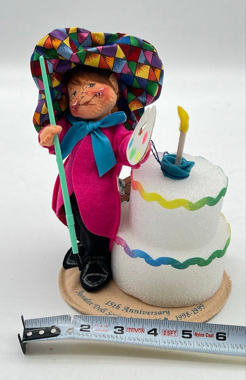 Annalee Dolls 15th Anniversary Doll Society Logo Kid Artist With Cake 1998-1999