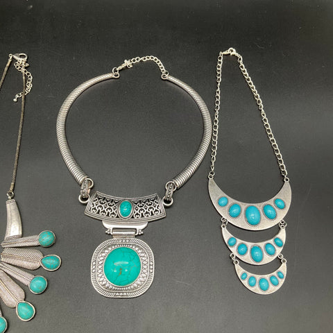 Southwestern Style Faux Turquoise Silver Tone Necklace Jewelry Lot of 5