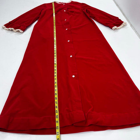 Vintage 70s Raymodes Red Velour Lace Trim Button Front Nightgown Robe Sz NS