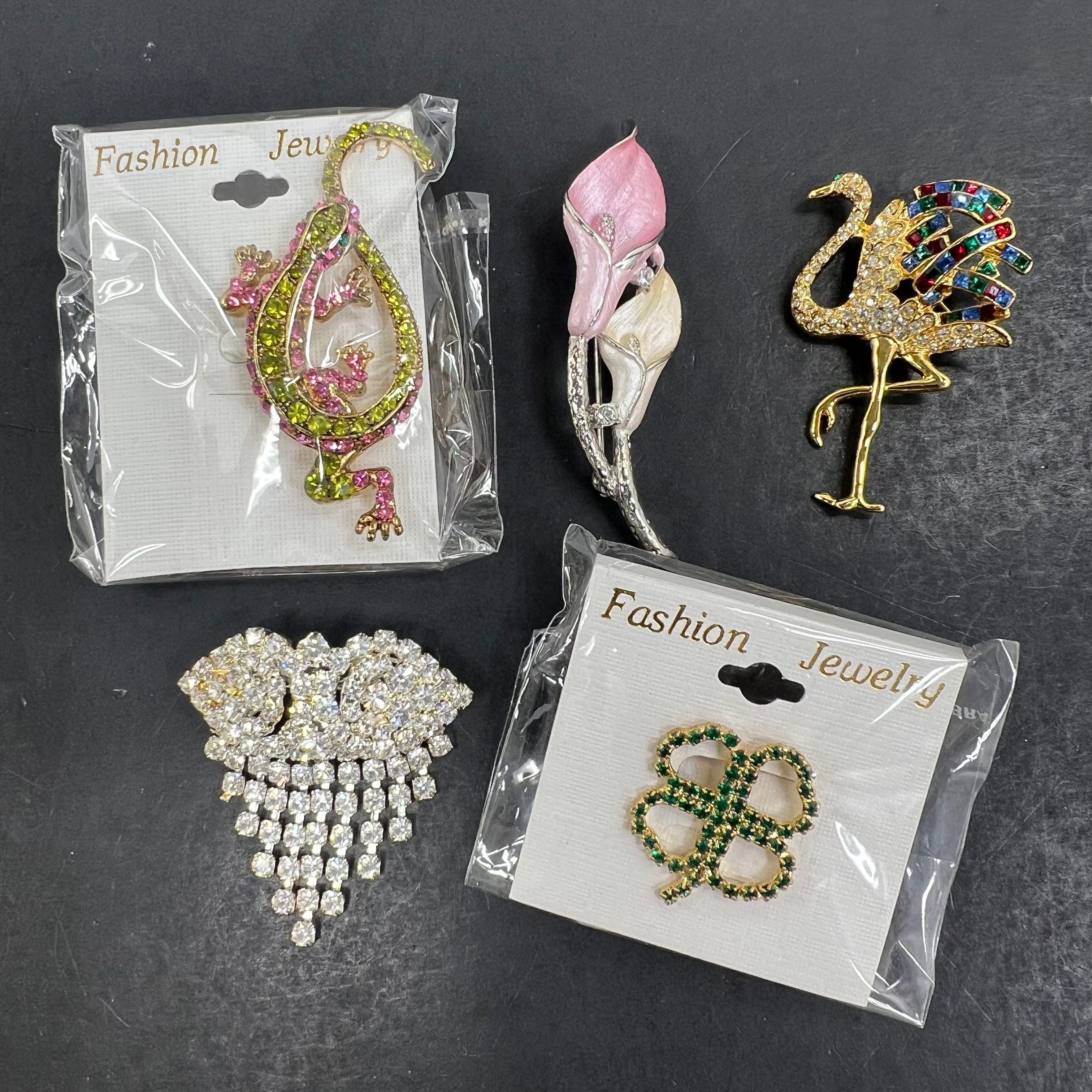 Lot of 5 Bling Bedazzled Brooches Floral Animals Gold Silver Tone Some IOP