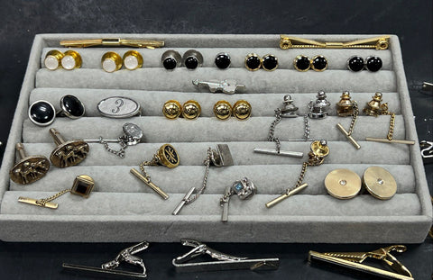 Vintage Men's Jewelry Lot 50+ Pieces Cufflinks Tie Clips Bars Tacks Gold Tone