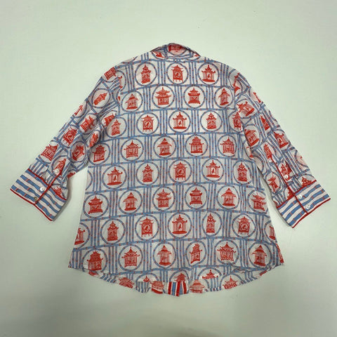 Gretchen Scott Chinoiserie Bird Cage Print Cotton Button Up Shirt Women's XL