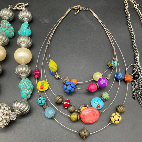 Vintage Costume Statement Necklace Lot 4pc Turquoise Faux Pearl Rhinestone Bib