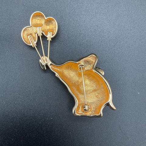 Swarovski Gold Tone Green Enamel Elephant with Balloons Brooch Pin Swan Mark