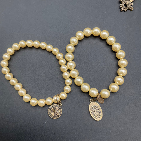Victorian Style Faux Pearl Religious Cross Necklace & Two Stretch Bracelets Lot