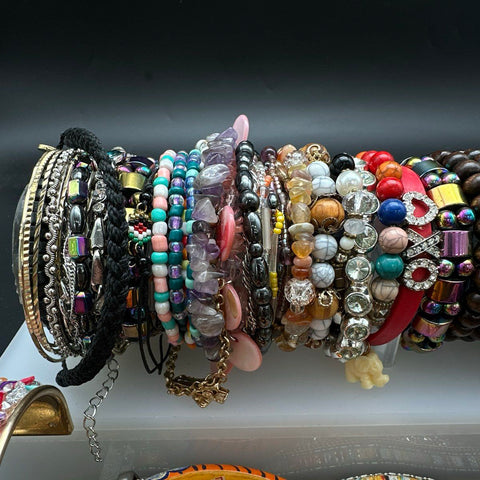 Vintage to Modern Costume Jewelry Lot 40+ Bracelets Bangles Cuffs Beaded Boho