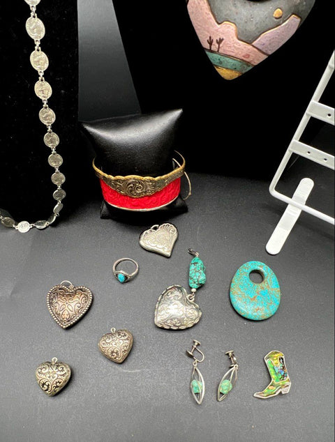 Vintage Southwestern Jewelry Lot Turquoise Buffalo Nickel Heart Pendants 15pc
