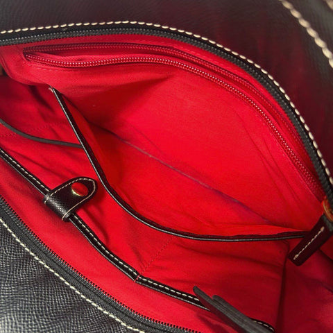 Dooney & Bourke Black Textured Leather Tote Bag Contrast Stitching Red Lining