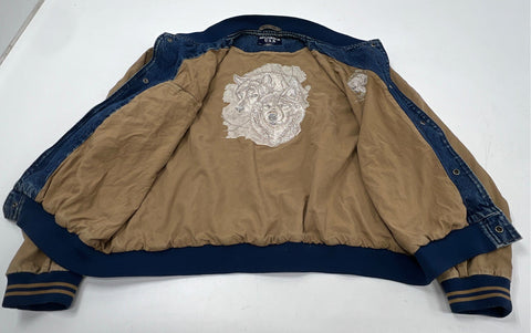 Vintage 90s Boast USA Denim Varsity Jacket Wolf Embroidery Larry Fanning Sz XXL