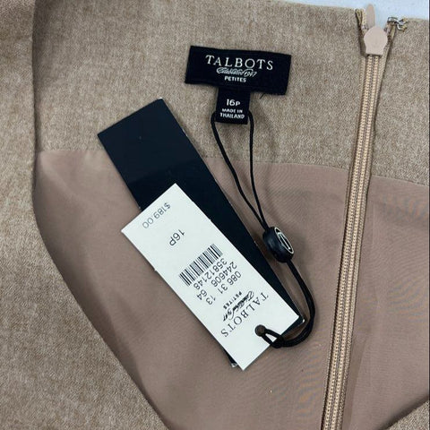 Talbots NWT Women's Tan Wool Blend Belted Pleated A-Line Dress Size 16P