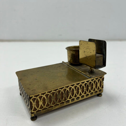 Vintage Swiss Music Box Brass Filigree Desk Caddy Inkwell Letter Holder