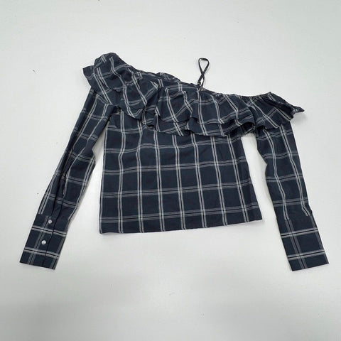 Walter Baker NWT Dorothy Dark Grey Plaid One Shoulder Ruffle Top Women's S