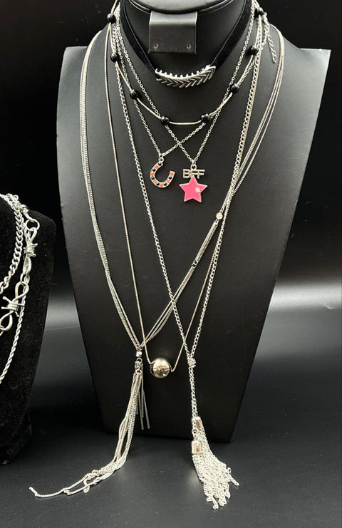 Silver Tone Fashion Necklace Jewelry Lot 10 Pieces Tassel Choker Barbed Wire