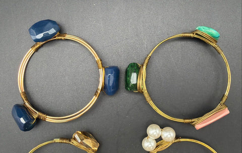 Wire Wrapped Bangle Bracelet Jewelry Lot 6pc Gold Silver Tone Faux Pearl Stone