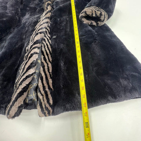 Vintage 80s Faux Fur Swing Coat Zebra Animal Print Trim Made in Canada SJW