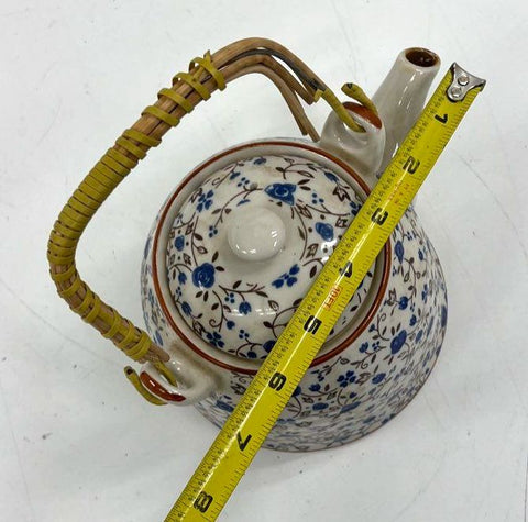 Ceramic Teapot Blue Floral Vine Pattern with Lid & Rattan Handle