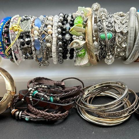 Vintage to Modern Costume Jewelry Bracelet Lot Bangles Cuffs Beaded Boho 40+ Pcs