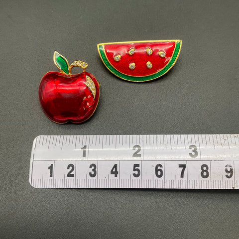 Vintage Enamel Fruit Brooch Pin Lot of 2 Watermelon Apple Rhinestone Gold Tone