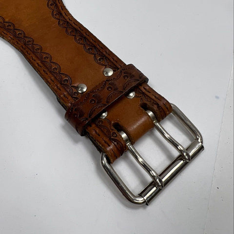 Vintage 70s Custom Tooled Leather Weightlifting Belt Big Jake Double Prong Sz XL