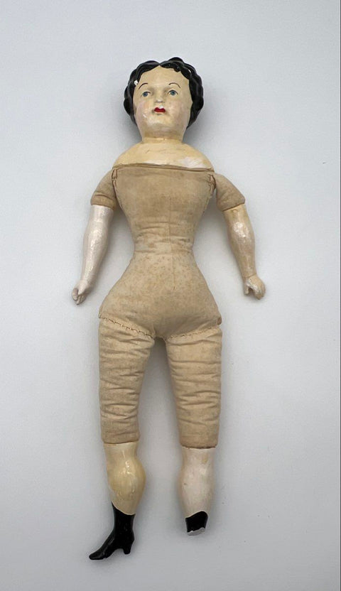 Antique China Head Doll 19 Inch Porcelain Cloth Body Painted Face Broken Foot