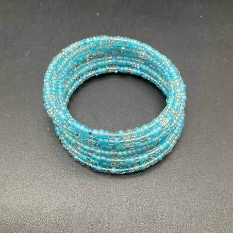 Blue Seed Bead Multi-Strand Necklace Bracelet Clip-On Earrings Jewelry Set 3pc