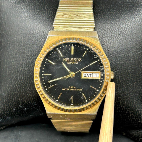 Vintage 90s Helbros Quartz Watch Gold Tone Day Date Speidel Band