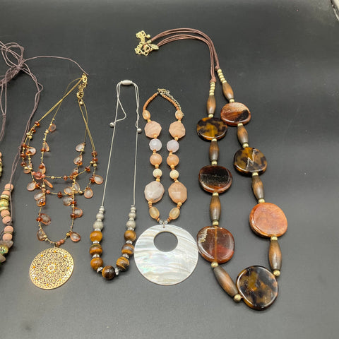 Boho Beaded Statement Necklace Lot of 8 Earthy Stone Wood Shell Pendant Designs