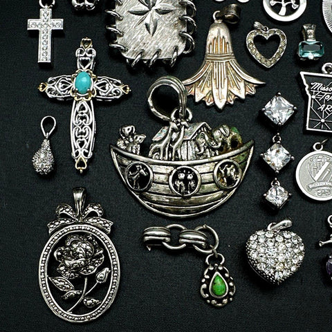 Silver Tone Pendants Jewelry Lot 32 Pcs Hearts Crosses Figures Noah's Ark