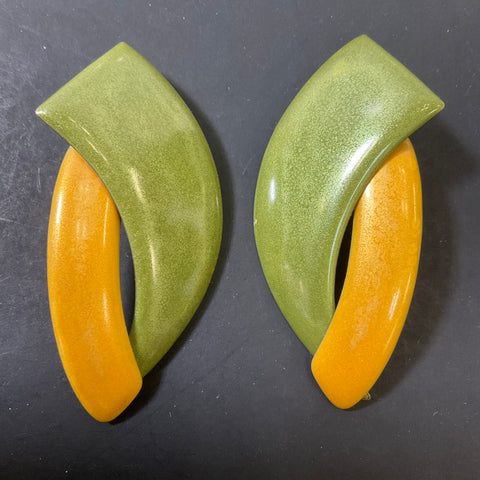 Vintage Edgar Berebi Yellow & Green Enamel Pierced Statement Fashion Earrings