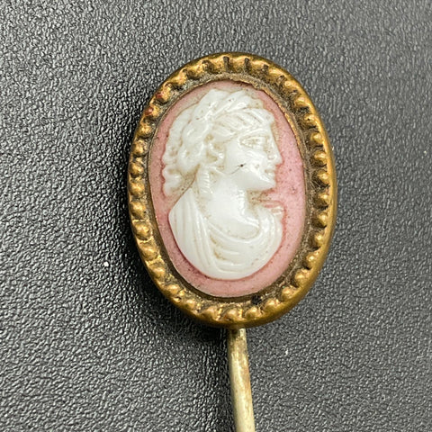 Antique Pink Cameo Stick Pin Victorian Style Gold Tone Jewelry 2.5"