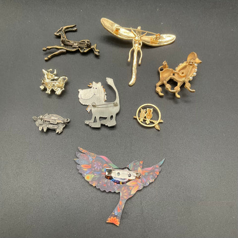 Vintage Animal Brooch Pin Lot of 8 Dragonfly Poodle Bird Lion Costume Jewelry