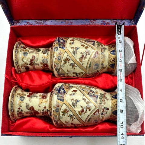 Yi Lin Arts & Treasures of China Ceramic Vase Pair Satsuma Style Boxed Set