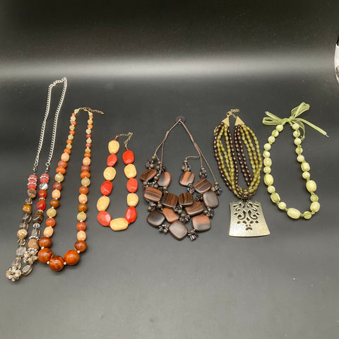 Boho Statement Jewelry Lot of 6 Necklaces Beaded Wood Metal Multi-Strand