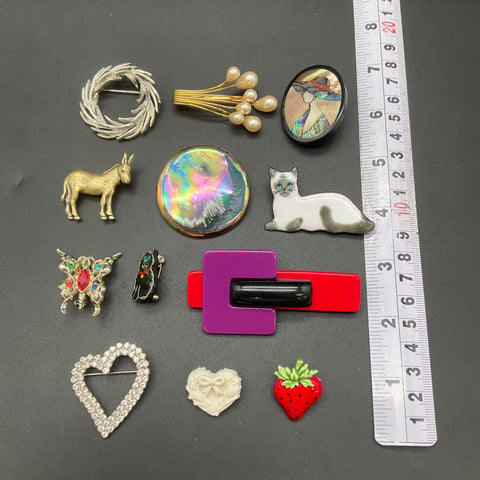 Vintage Costume Jewelry Lot of 12 Brooches Enamel Rhinestone Animal Floral