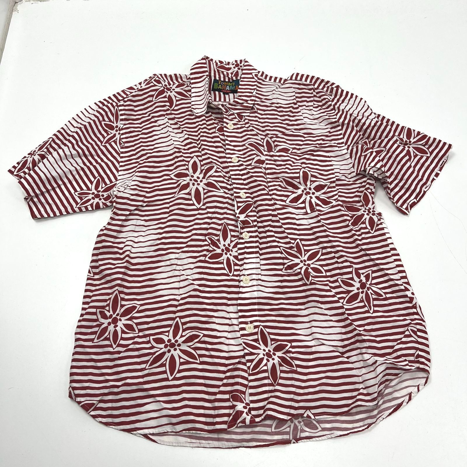 Vintage 90s Tommy Bahama Floral Stripe Hawaiian Camp Shirt Button Up Rayon Sz L