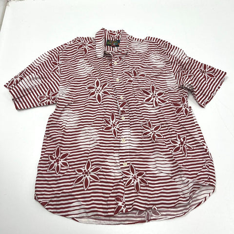 Vintage 90s Tommy Bahama Floral Stripe Hawaiian Camp Shirt Button Up Rayon Sz L