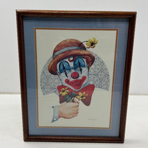 Vintage 80s Tom Wood Sad Clown with Flower Framed Art Print Wall Decor