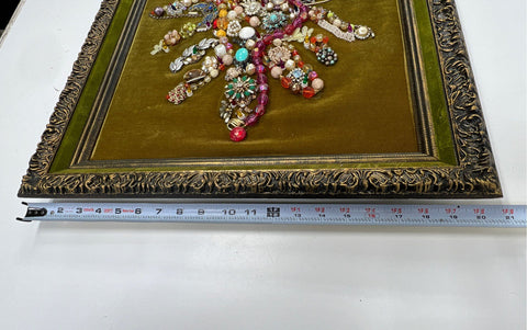Unsigned Vintage Jewelry Art Floral Assemblage 24x20 Green Velvet Framed