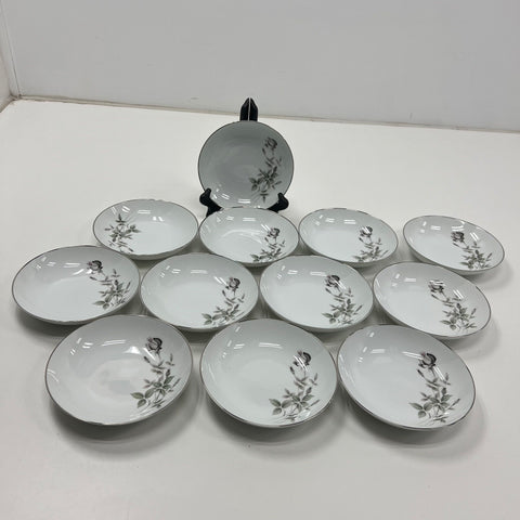 Vintage Noritake Janette 6604 Gray Rose Fruit Dessert Bowls 12pc Set Platinum