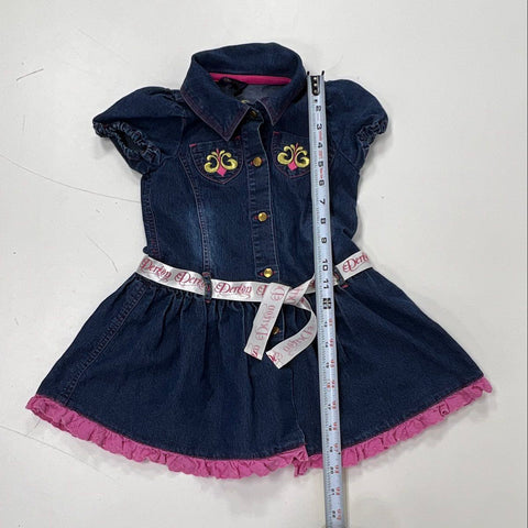 Dereon Girls Blue Denim Dress Pink Eyelet Ruffle Hem Logo Belt Size 4T