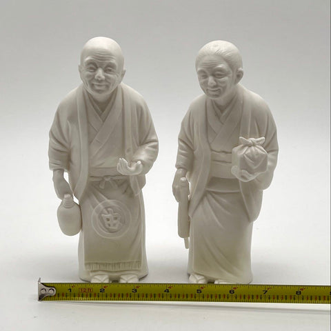 Collectible Asian Figurine Lot 2 Piece White Bisque Porcelain Elderly Couple