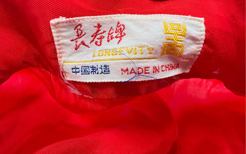 Vintage 80s Longevity Red Embroidered Pagoda Landscape Robe Kimono China Sz L