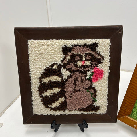 Vintage 70s Latch Hook Framed Wall Art Lot Raccoon & Panda Bear Folk Art
