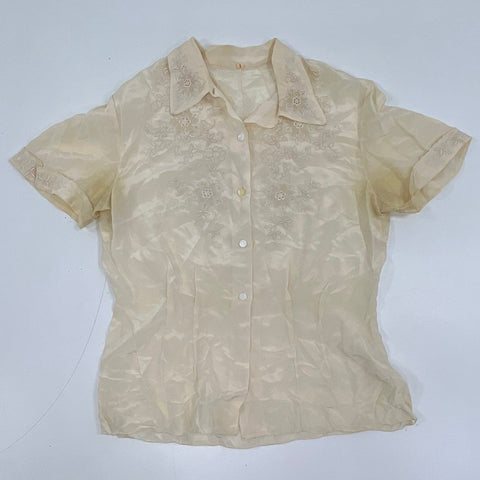 Vintage 50s Lot of 2 Embroidered Silk Button Up Blouse Shirts Sz 34