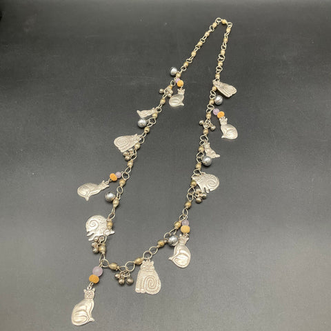Artisan Silver Tone Cat Charm Necklace with Beads and Bells 16 Inch