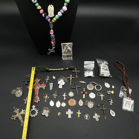 Vintage Religious Jewelry Lot Rosaries Crosses Medals Scapulars 50+ Pcs