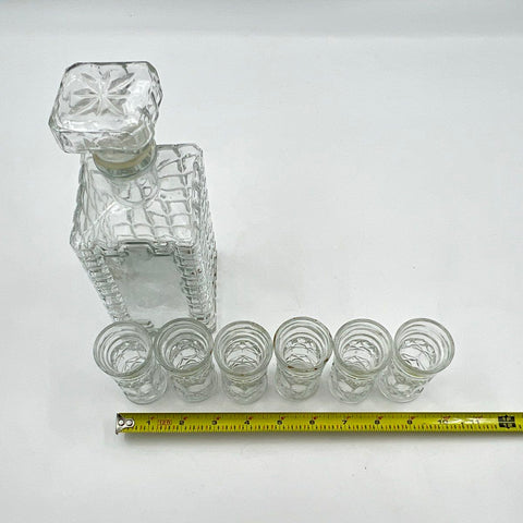 Vintage Pressed Glass Decanter Set 7 Piece Clear Block Diamond Point Barware
