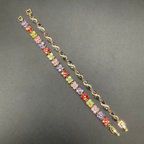 Gold Tone Faux Gemstone Link Bracelets Lot of 2 Blue Marquise & Multi Floral 7"